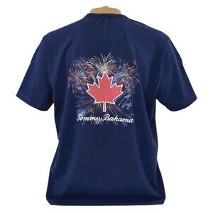 Tommy Bahama‎ Mens LARGE Canada Maple Leaf Fireworks Short Sleeve T-Shirt Blue